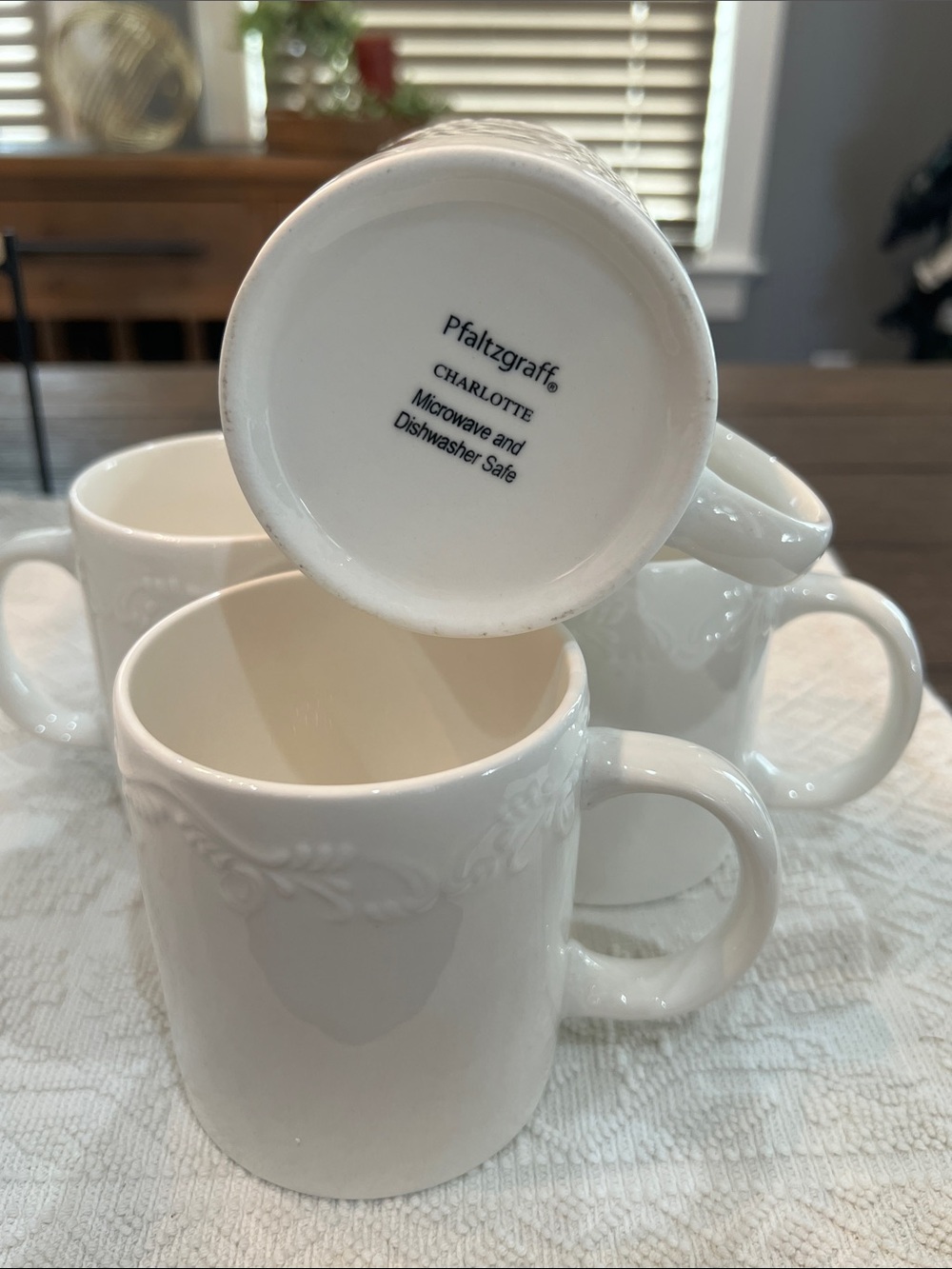 FOUR Pfaltzgraff Charlotte Embossed White Mugs